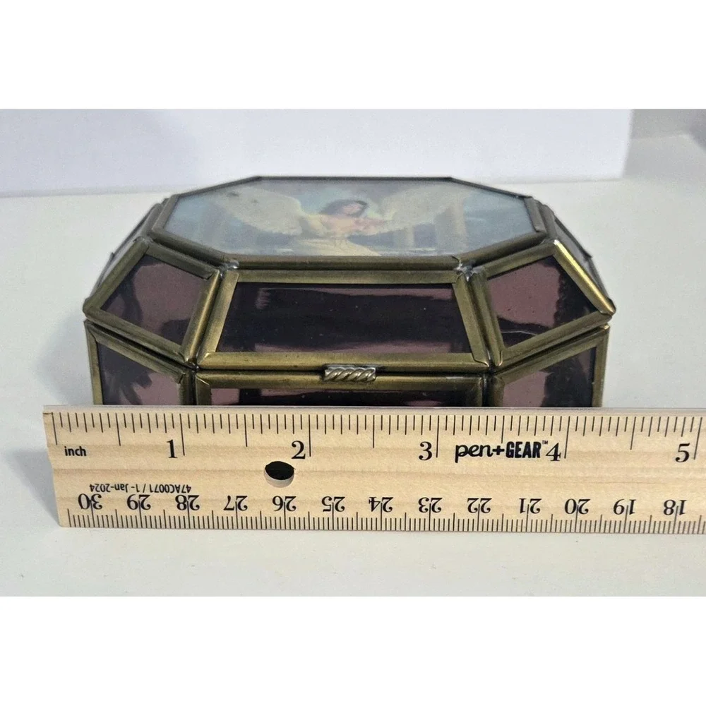 VIVA! Mexico Brass Trinket Box Hinged Purple Glass Panel Hexagonal Vintage Angel